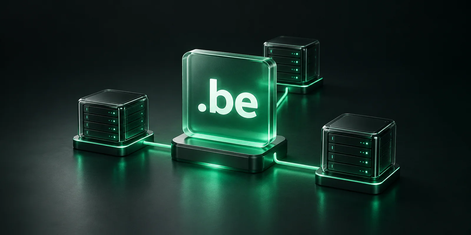 A glass .be domain tile connected to server nodes by green light paths
