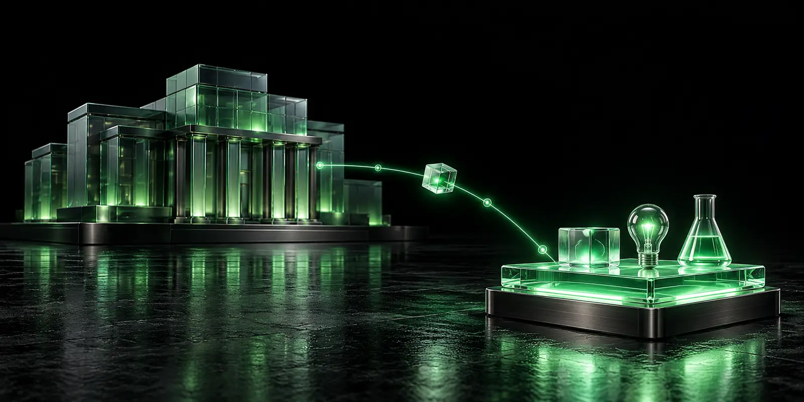Een klein, fel verlicht glazen lab met een kubus, een gloeilamp en een erlenmeyer stuurt via een groene lichtlijn een kubus naar een groot glazen gebouw met zuilen