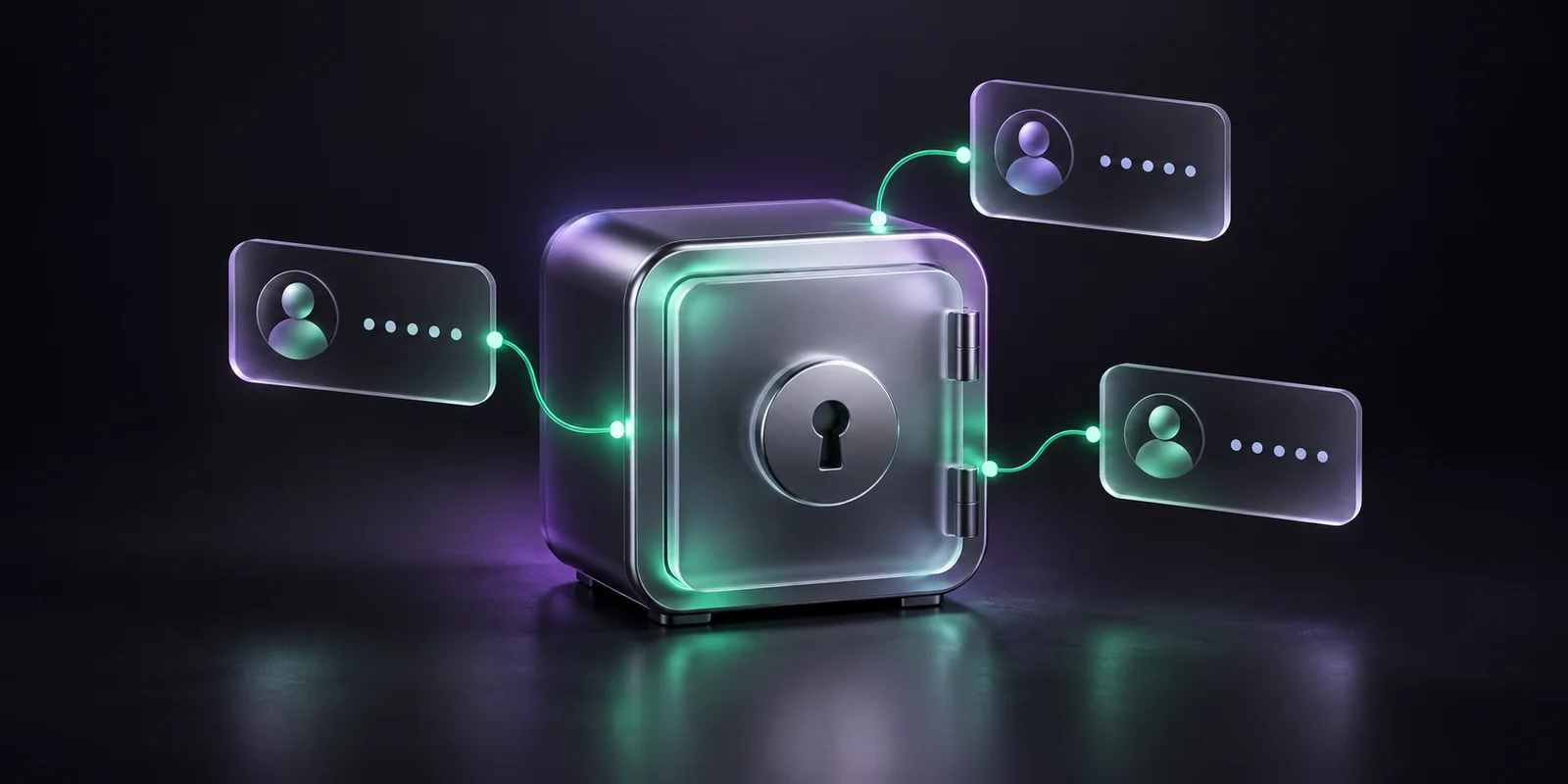 A digital password vault with connected credential cards in violet and green light
