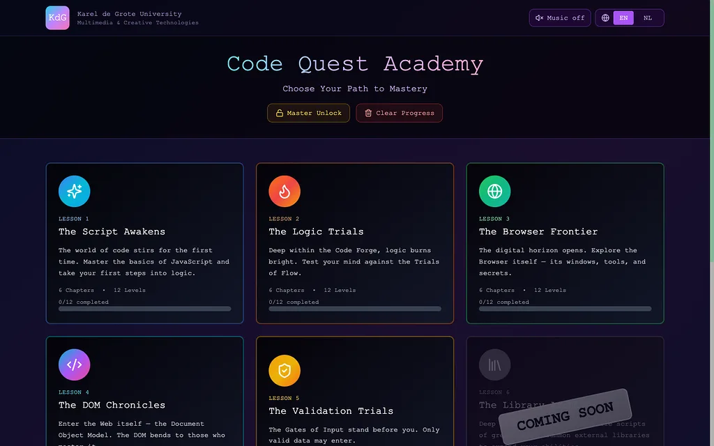 The lesson overview of Code Quest Academy, with lessons as chapters of an adventure