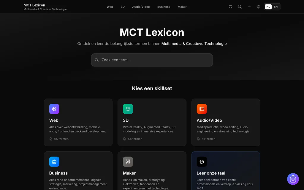 De startpagina van MCT Lexicon met een zoekveld en de skillsets web, 3D en audio en video