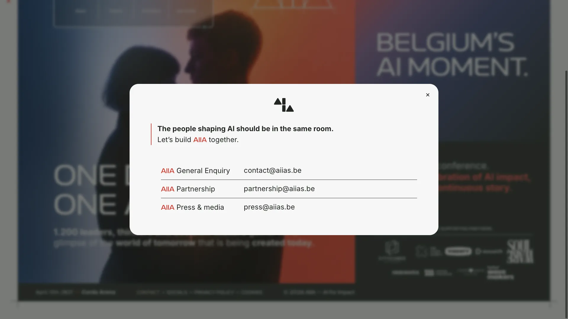 Contact dialog with addresses for general enquiries, partnerships and press