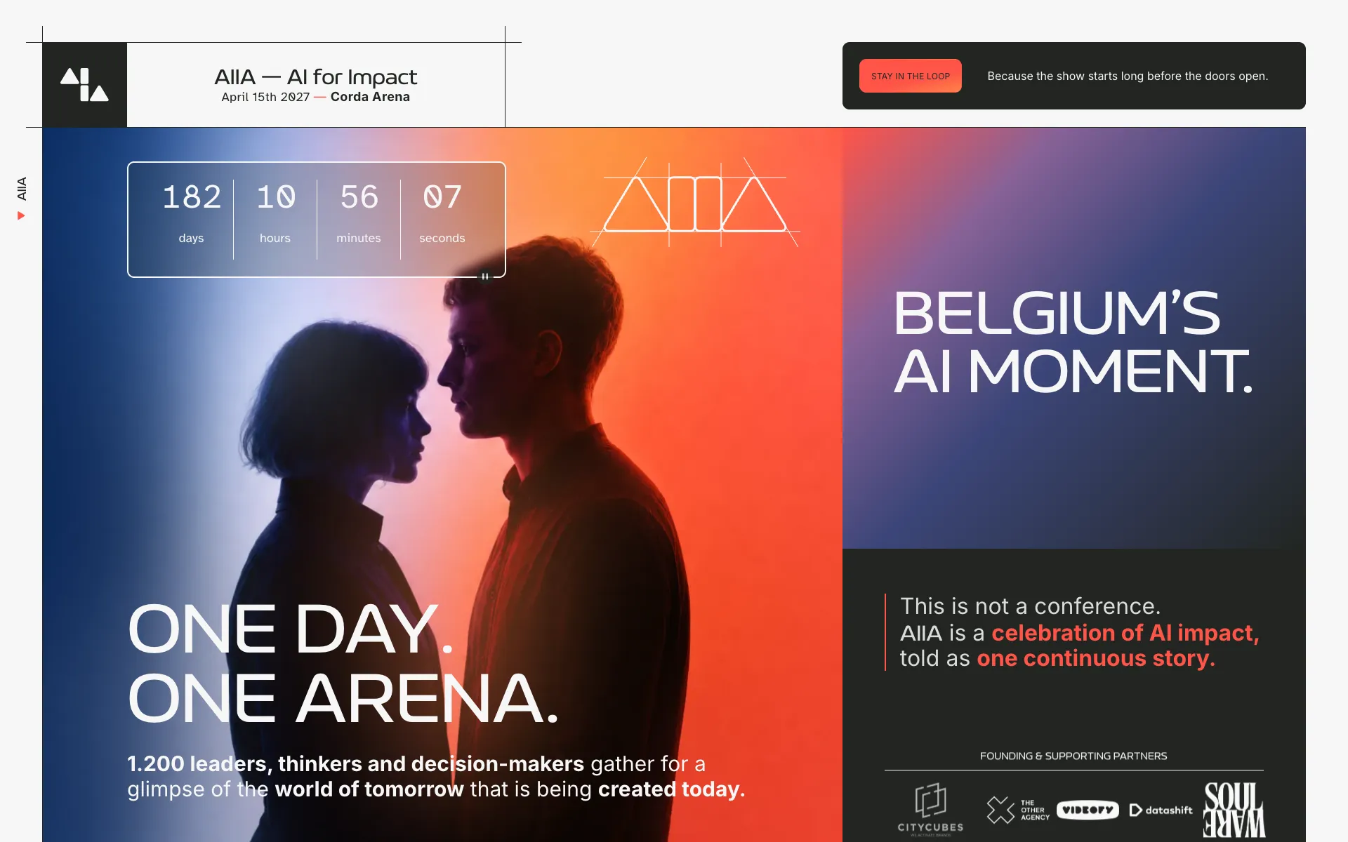 Homepage van AIIA met aftelklok en de slogan One day. One arena.