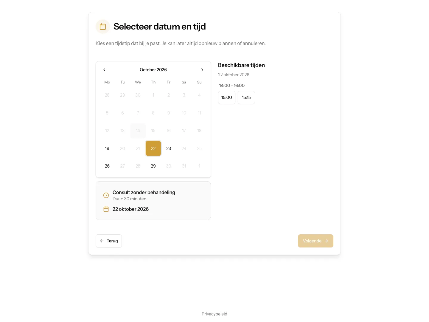 Boekingspagina van Aptly met een kalender en de vrije tijdsloten van een gekozen dag