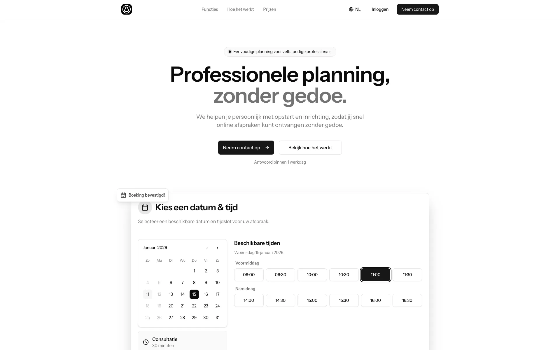 Homepage van Aptly met de titel Professionele planning, zonder gedoe