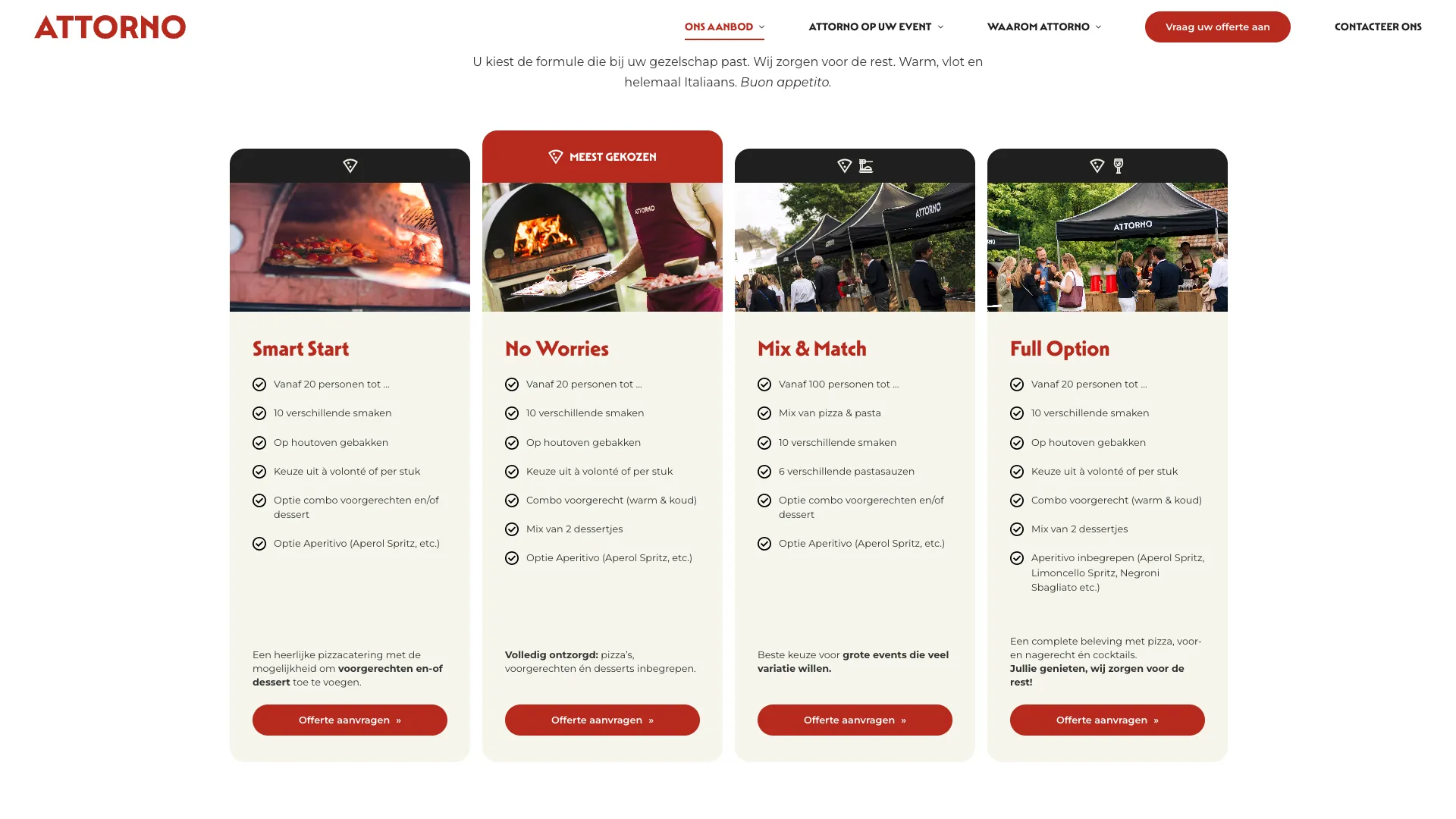 Vier pizzaformules naast elkaar met een knop om een offerte aan te vragen
