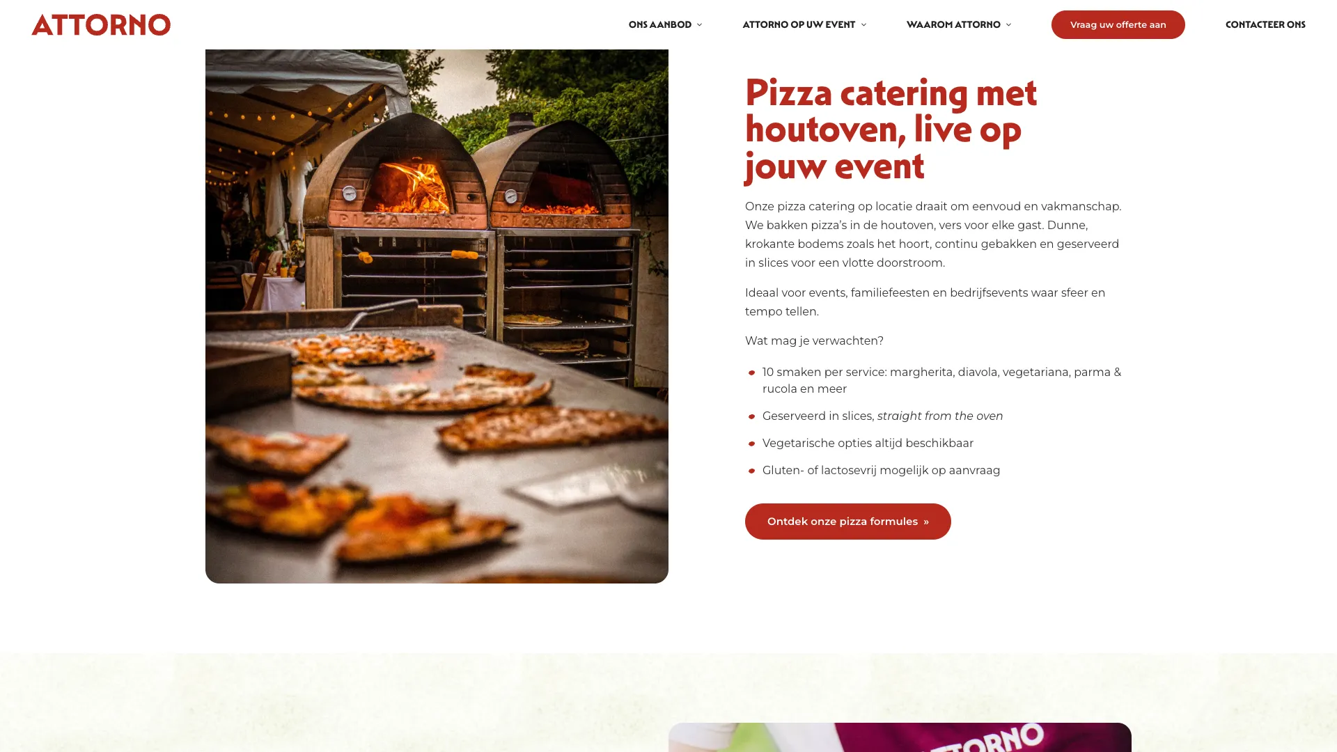 Sectie over pizzacatering met een foto van twee houtovens