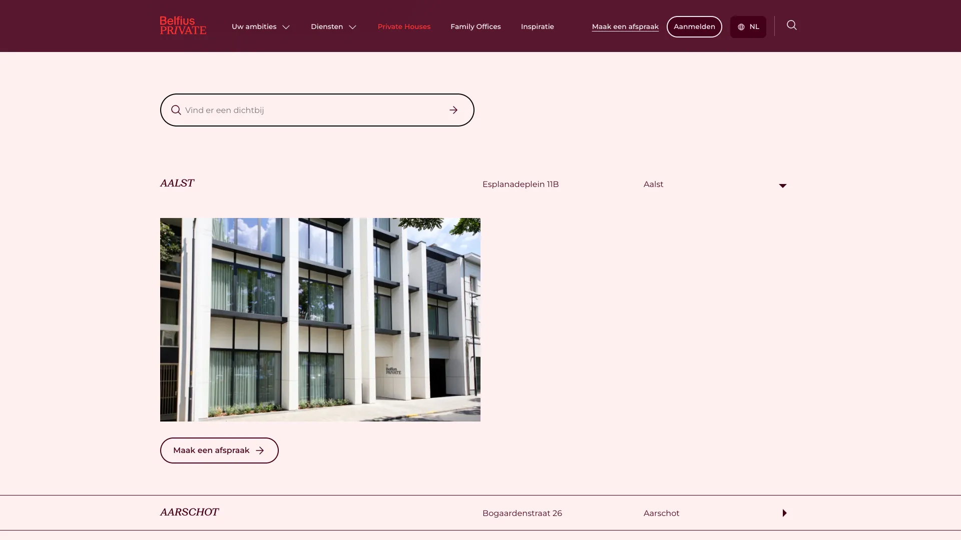 Lijst met Private Houses en een zoekveld, met de vestiging in Aalst opengeklapt