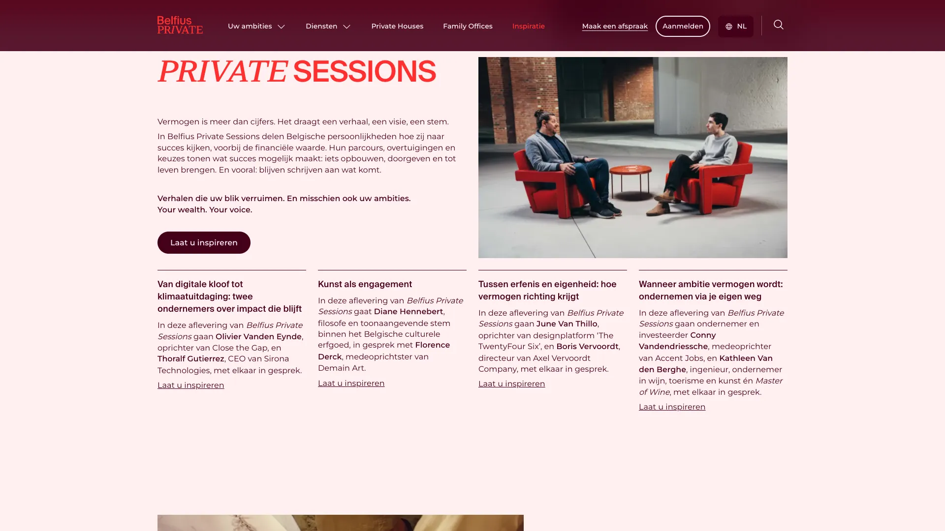 Inspiratiepagina met de videoreeks Private Sessions en vier afleveringen