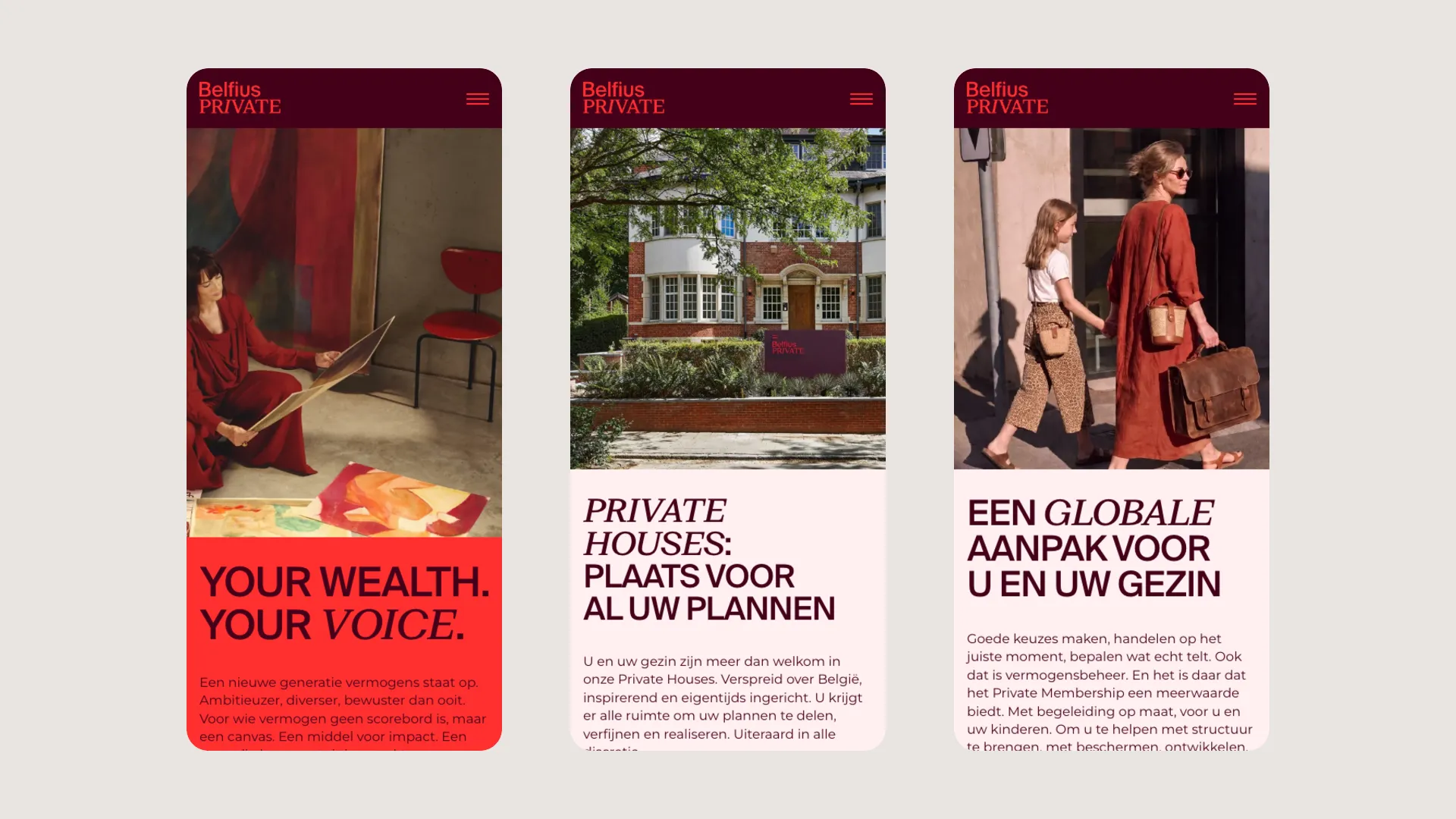 Drie mobiele schermen: de homepage, de Private Houses en de pagina voor families