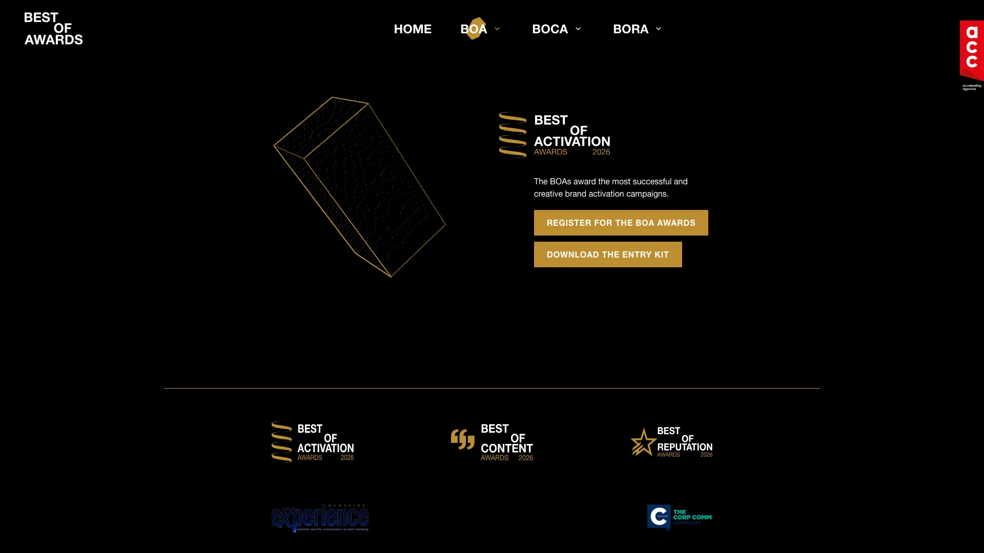 Pagina van de Best of Activation Awards met de knoppen om in te schrijven en de entry kit te downloaden