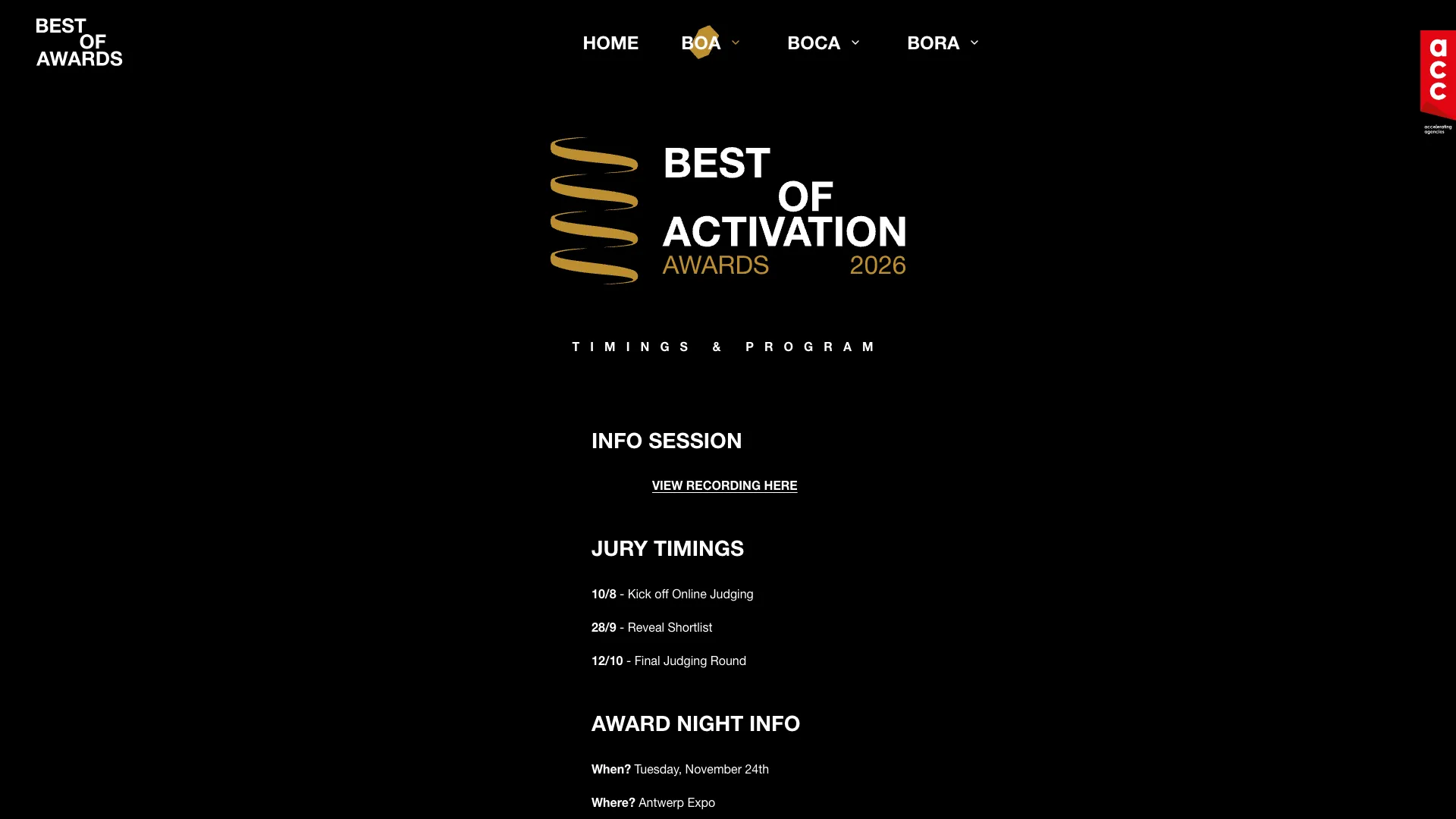 Timings en programma van de Best of Activation Awards met juryrondes en info over de award night
