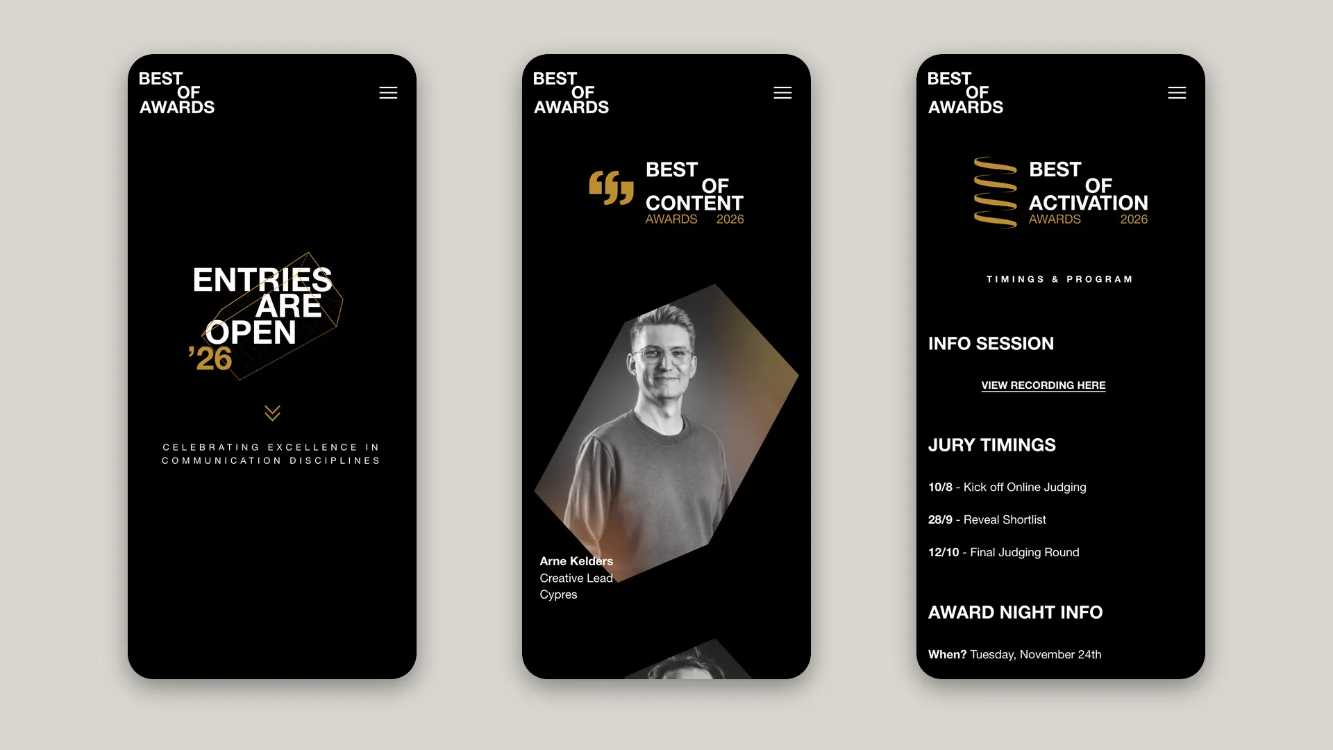 Drie mobiele schermen van de Best of Awards: de homepage, een jurypagina en het programma