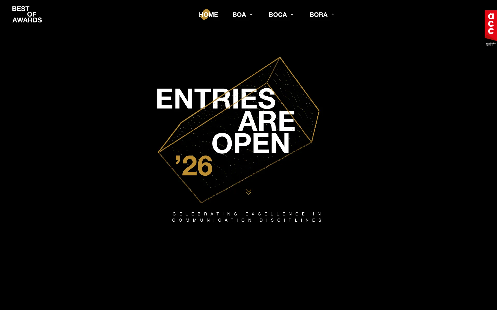 Homepage van de Best of Awards met de titel Entries are open '26 in een gouden lijntekening