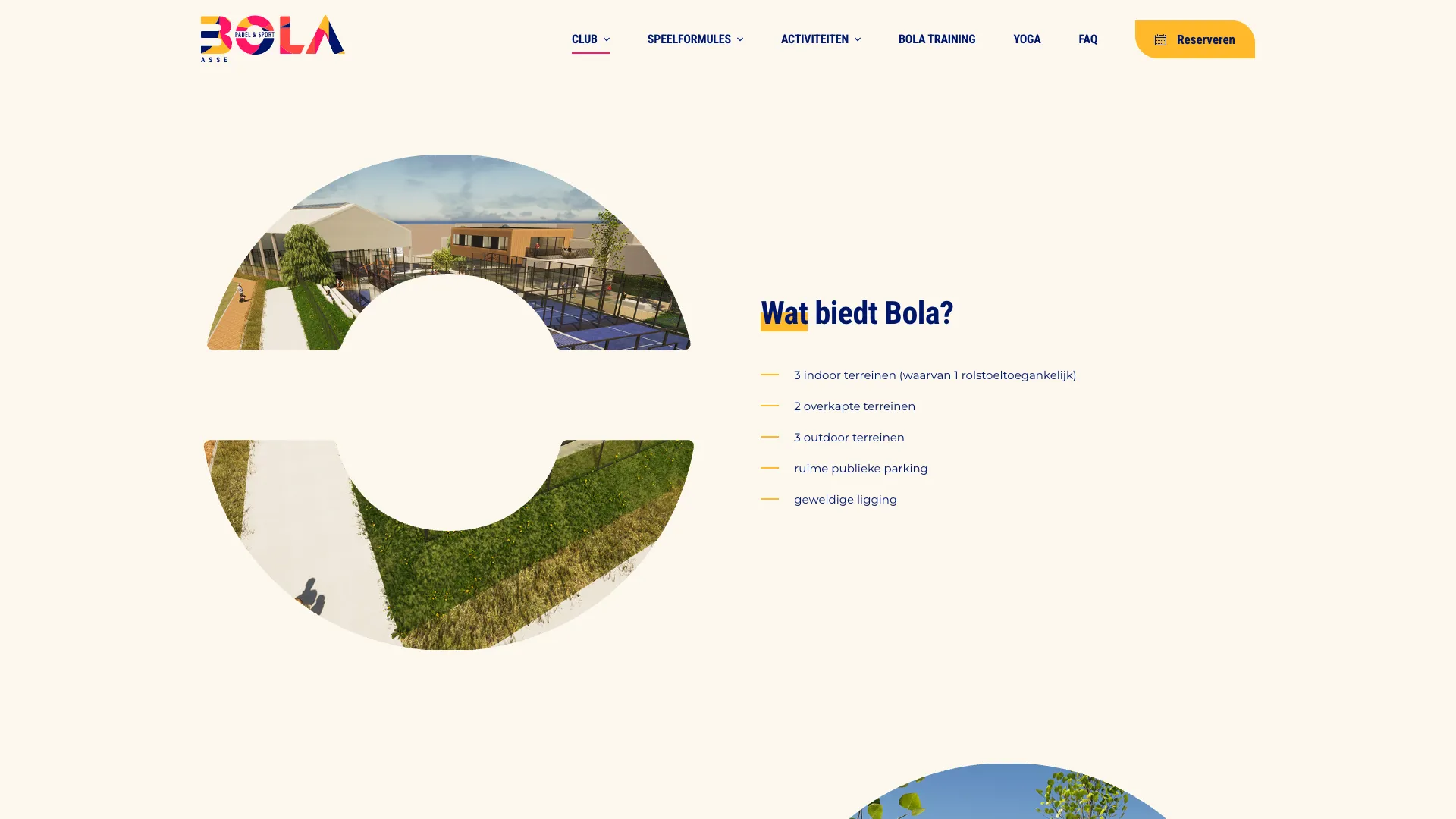 Pagina Faciliteiten met een overzicht van de terreinen in Asse