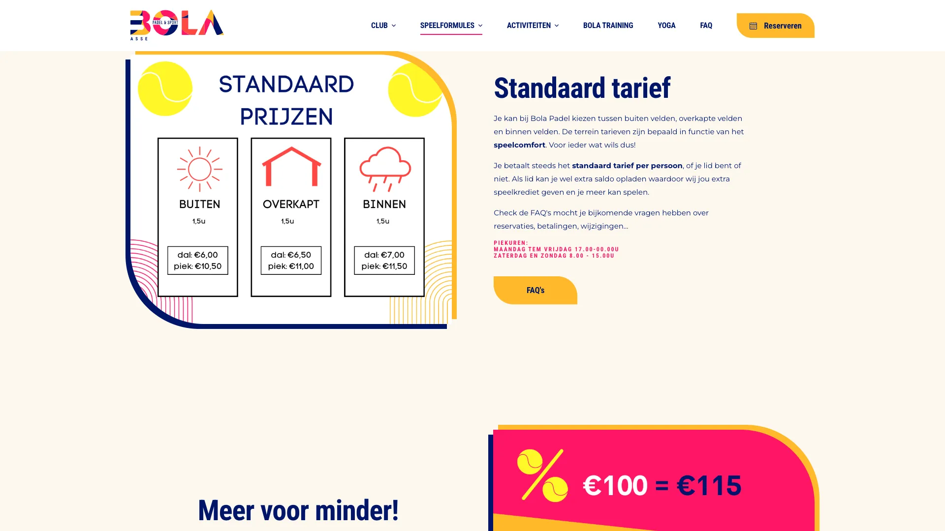 Pagina Tarieven met standaardprijzen per type terrein