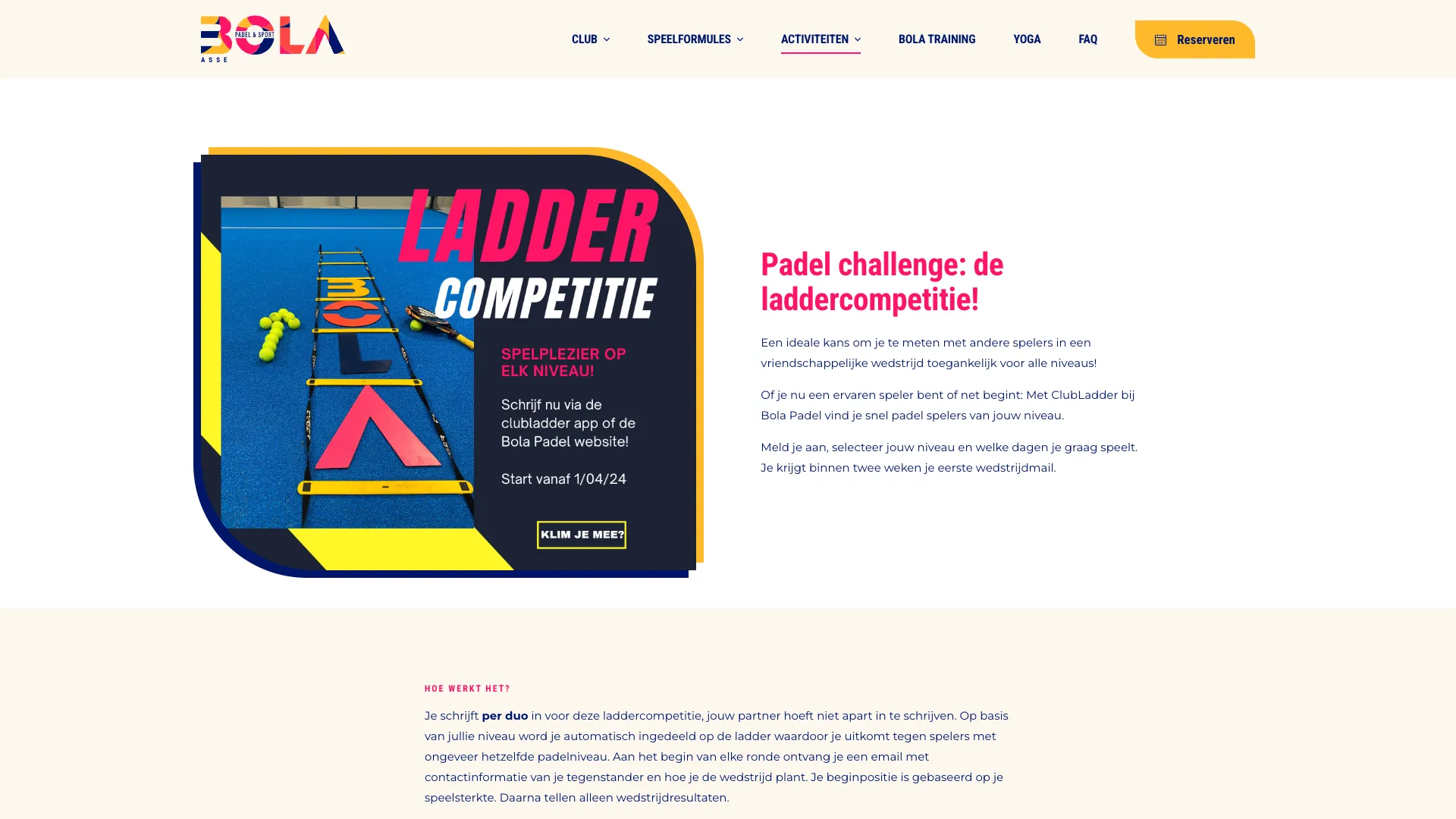 Pagina met de laddercompetitie van Bola Padel
