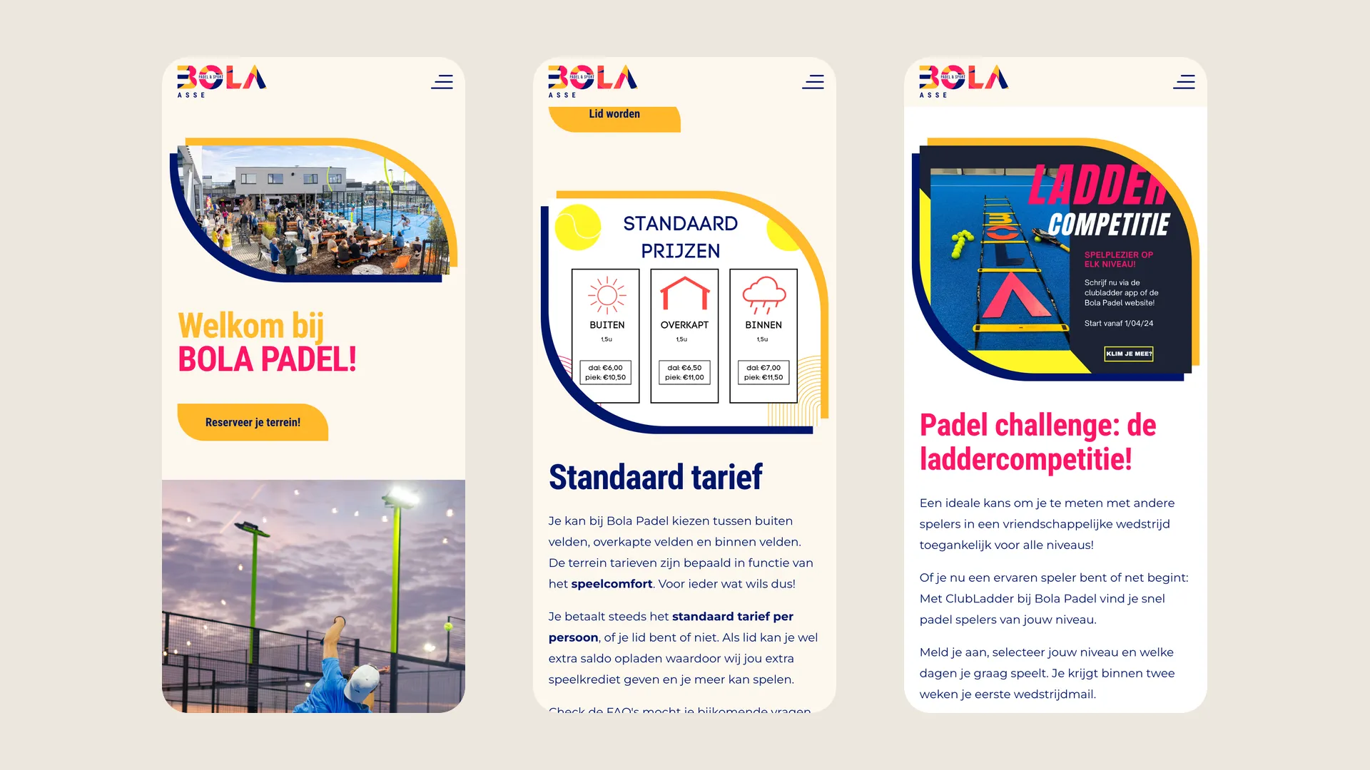 Drie mobiele schermen van de homepage, de tarieven en de laddercompetitie