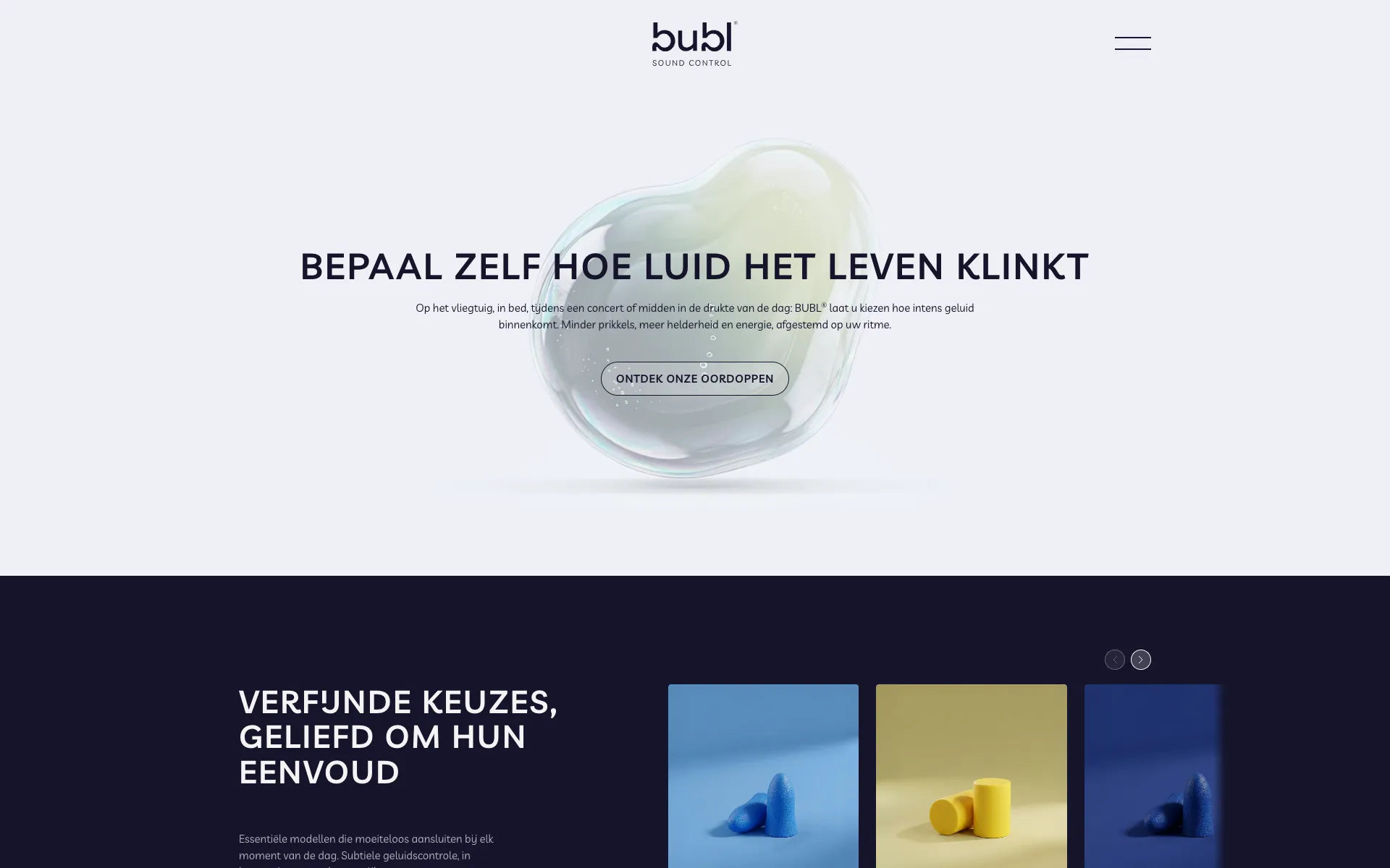 Homepage van BUBL met een zwevende zeepbel en de titel Bepaal zelf hoe luid het leven klinkt
