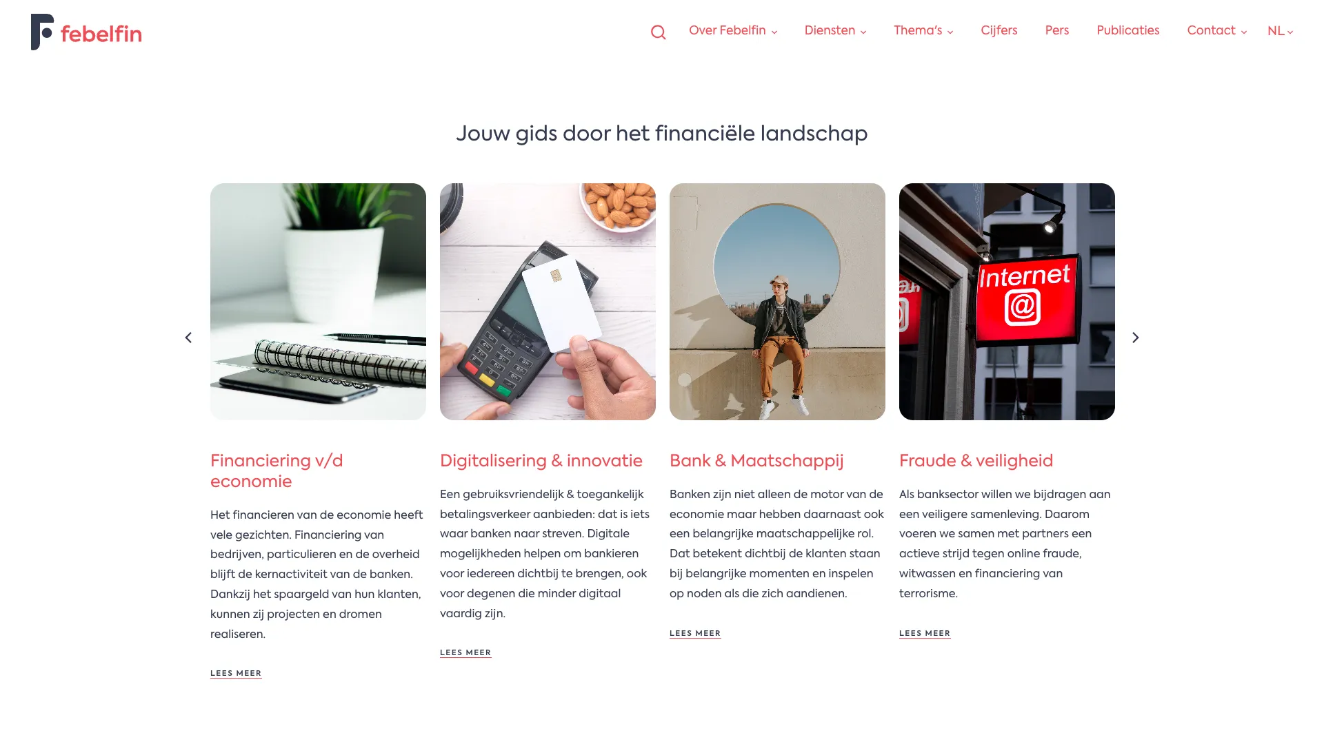 Slider with Febelfin themes on the homepage