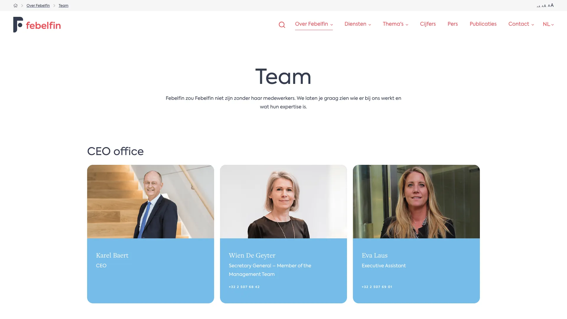 Team page showing the Febelfin CEO office