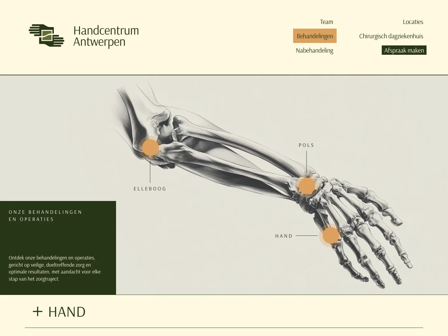 Treatments page with an illustration of the arm and clickable points on the wrist, hand and elbow