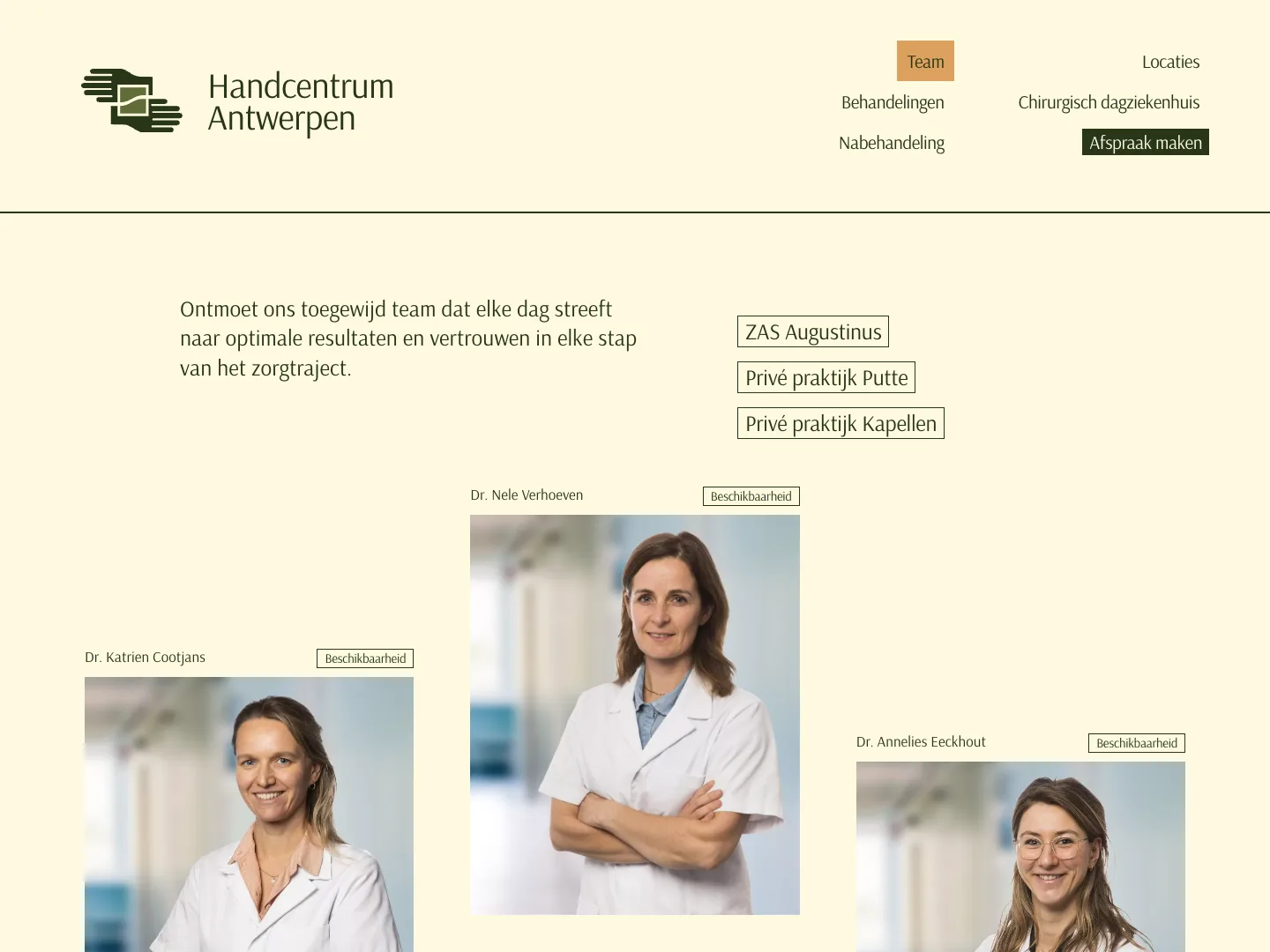 Team page with portraits of the hand surgeons