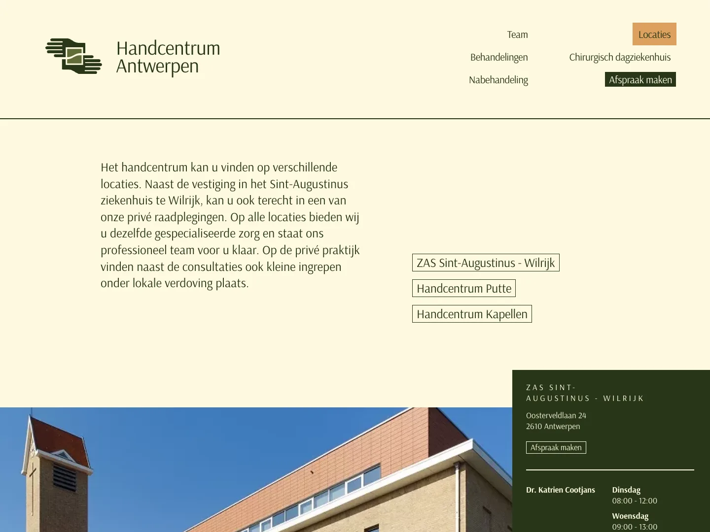 Locations page with the addresses in Wilrijk, Putte and Kapellen and the consultation hours per doctor