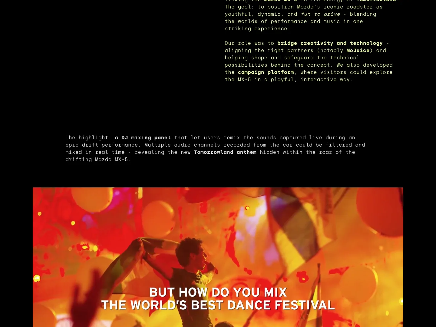 Sound of Tomorrow case page explaining the DJ mixing panel, with an image of a dance festival