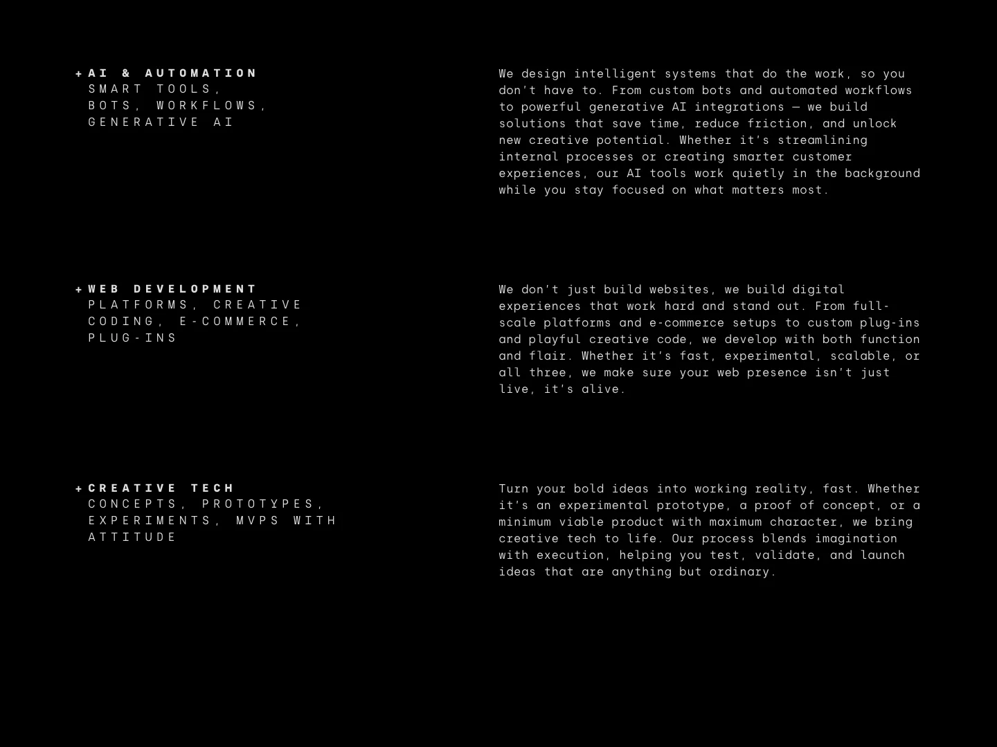 Services page with AI and automation, web development and creative tech