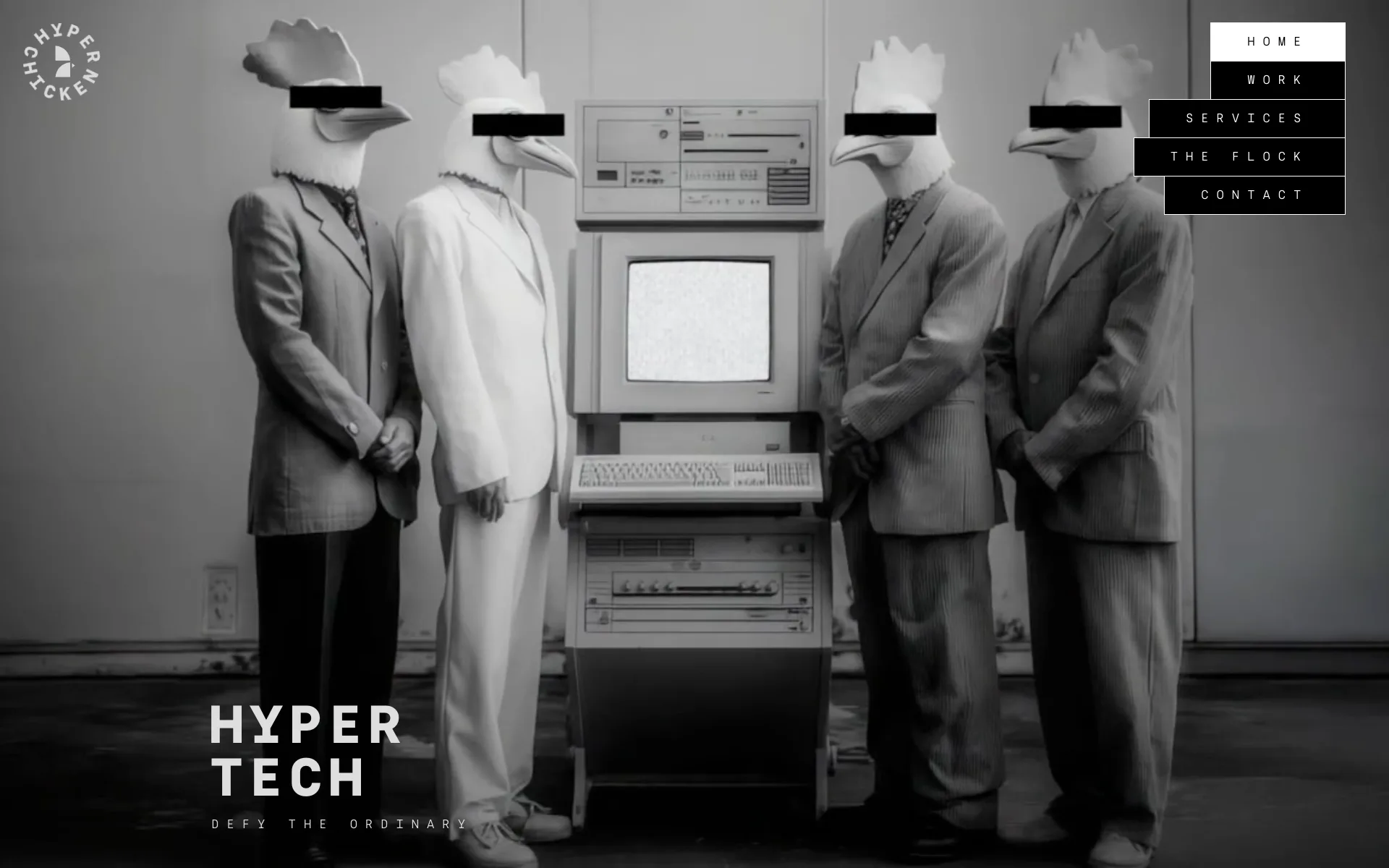 HYPERCHICKEN homepage with four people in suits and chicken masks around an old computer and the title Hyper Tech