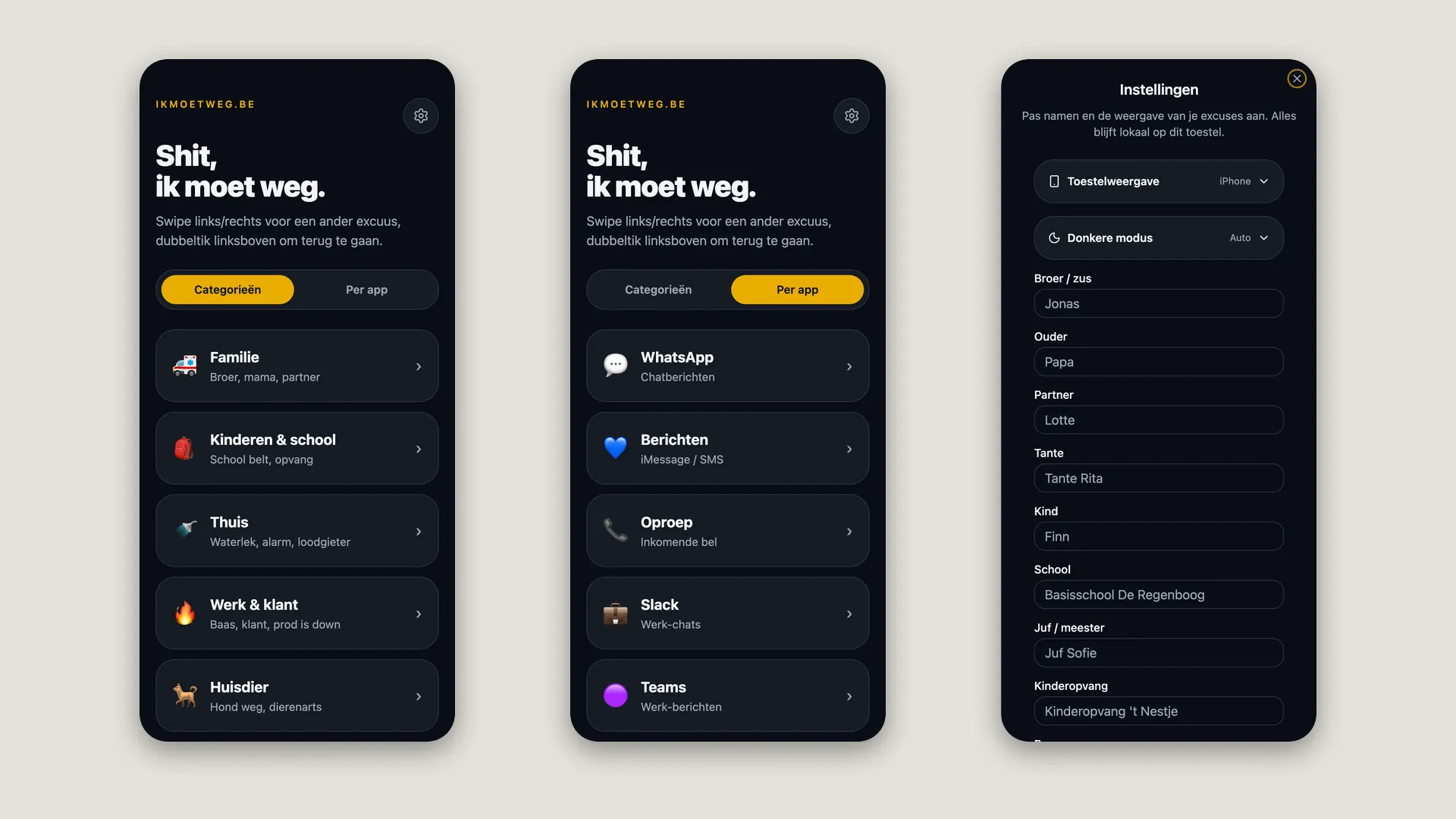The homepage with categories, the Per app tab and the settings to change names