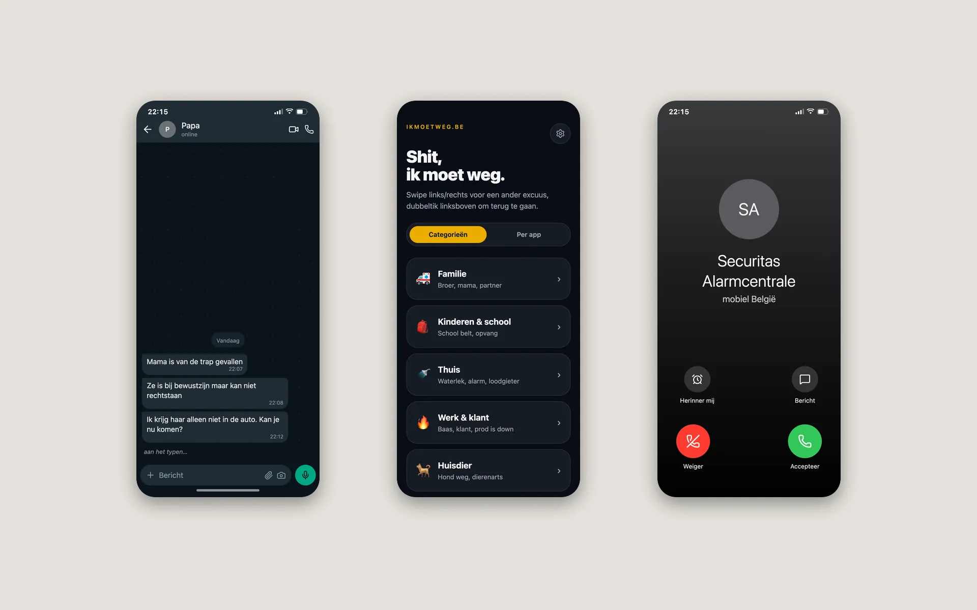 Three mobile screens of Shit, ik moet weg: a recreated WhatsApp chat, the homepage with categories and an incoming call