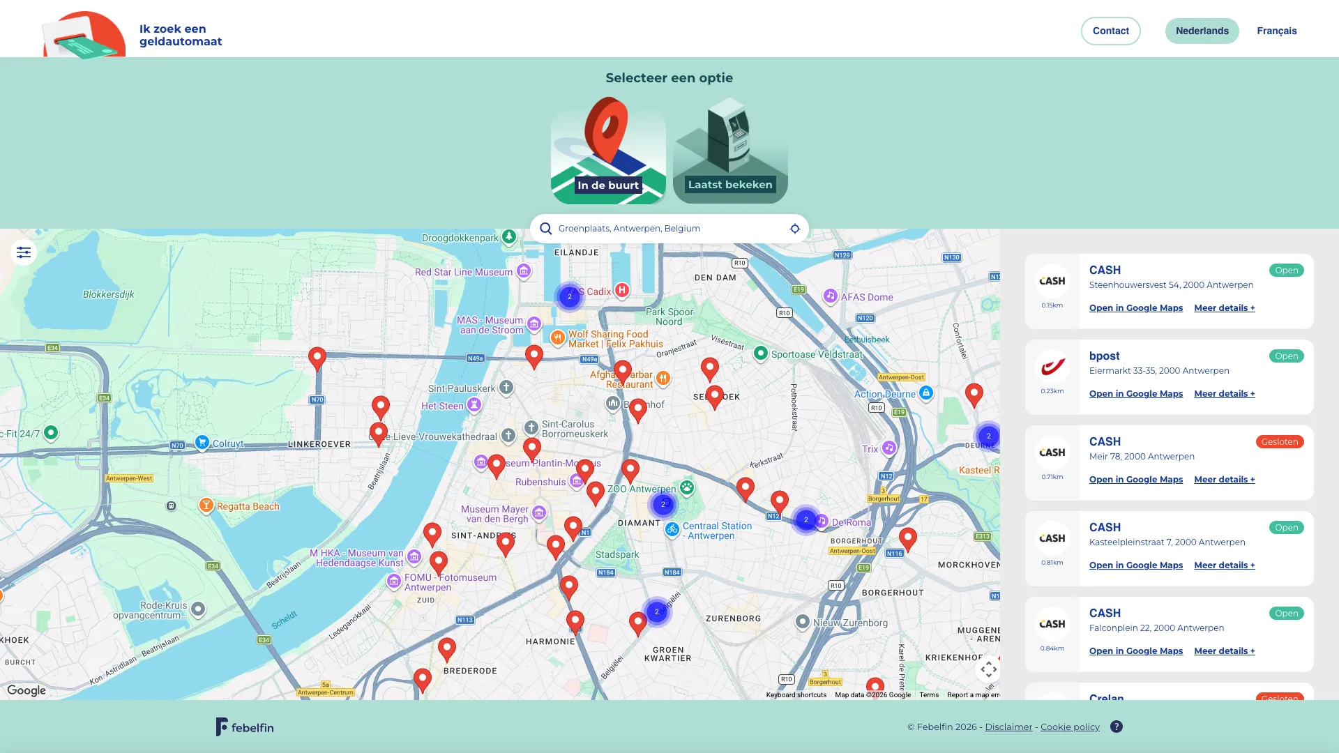 Search result around Groenplaats in Antwerp listing the nearest ATMs