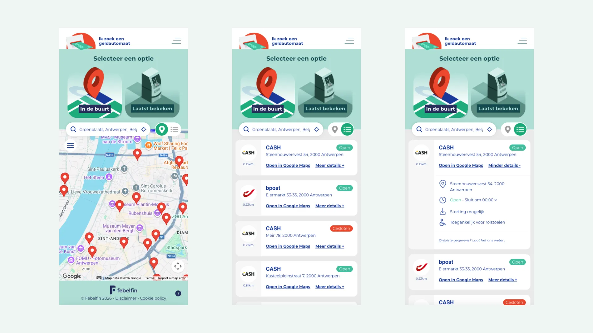 Three mobile screens: map, list and ATM detail