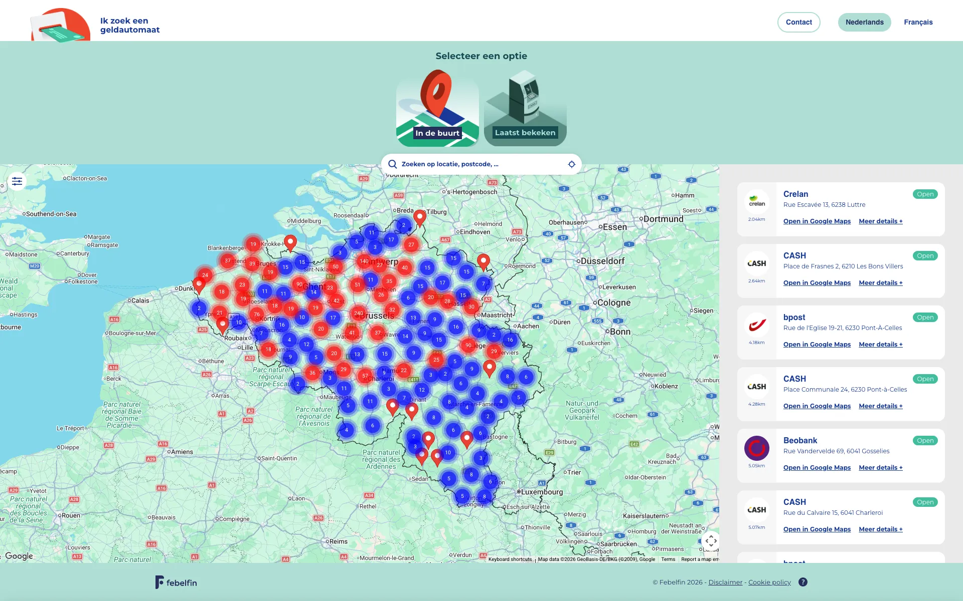 Map of Belgium showing all ATMs as markers and clusters