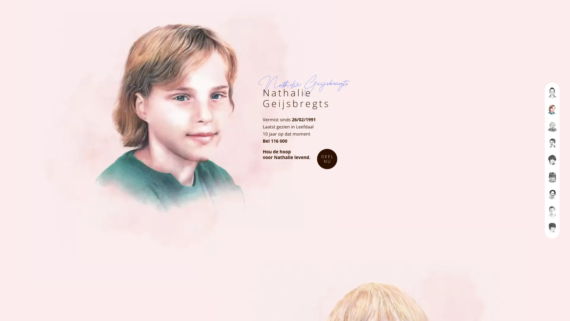 Getekend portret van Nathalie Geijsbregts met haar gegevens en een deelknop