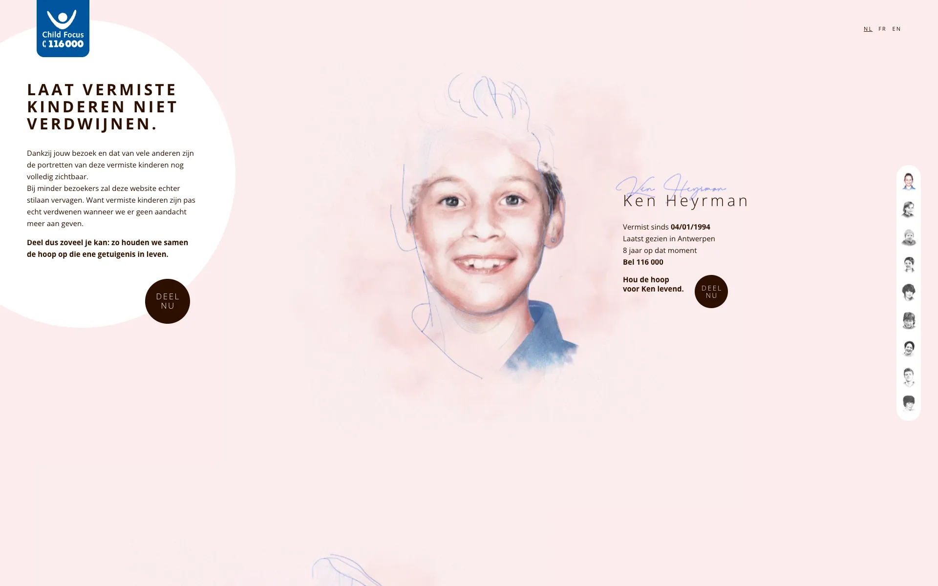 Homepage van Keep Hope Alive met het getekende portret van Ken Heyrman
