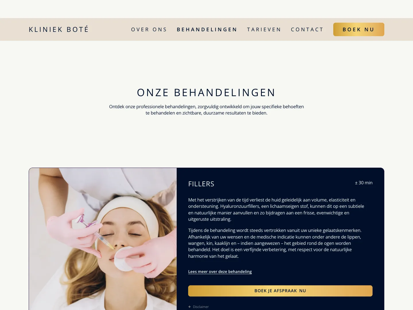 Pagina met behandelingen met uitleg over fillers en een knop om een afspraak te boeken
