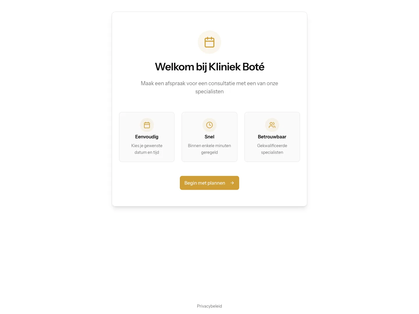 Boekingspagina van Kliniek Boté in Aptly met de knop Begin met plannen