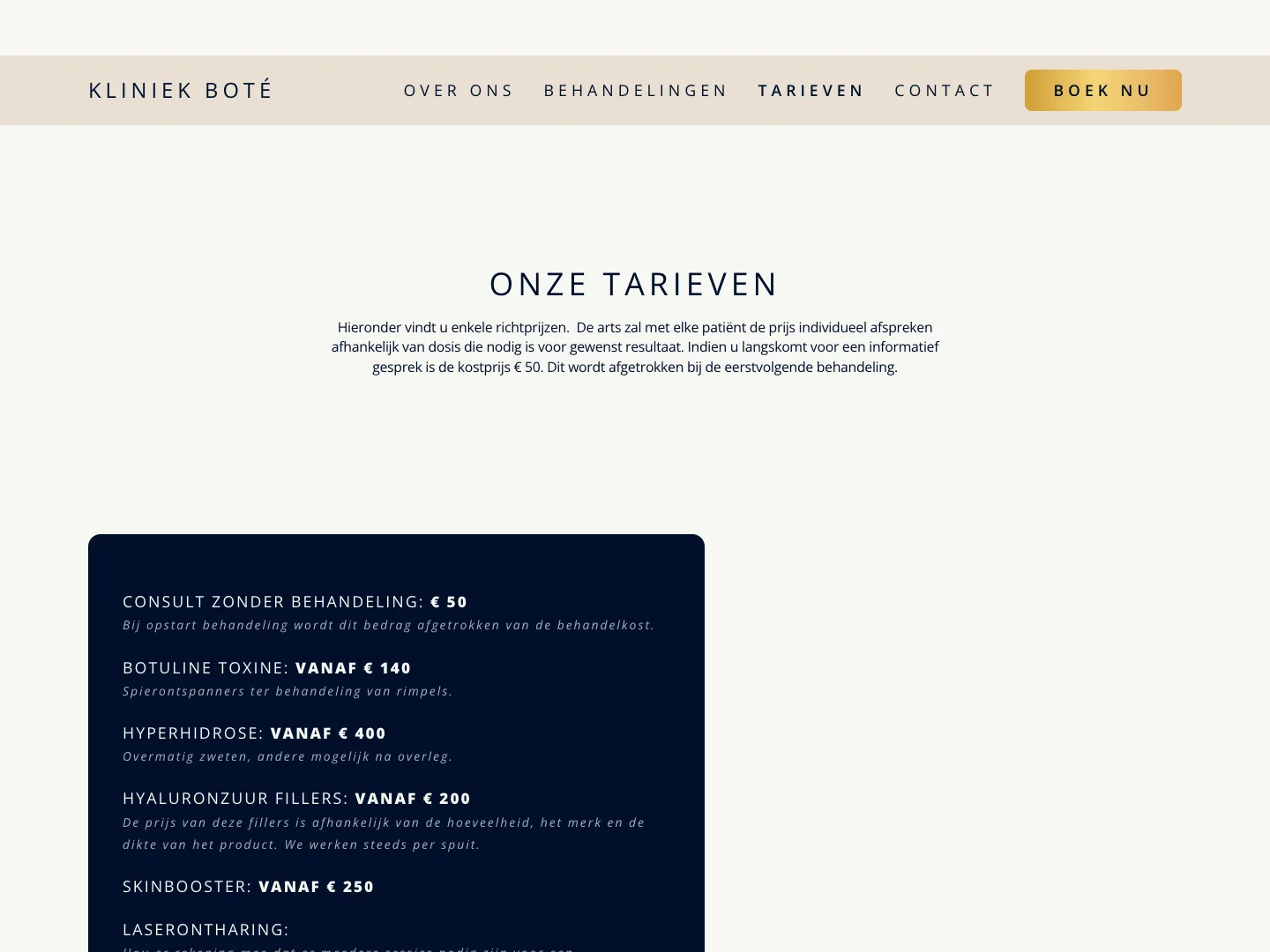 Pagina met tarieven met de indicatieve prijzen per behandeling