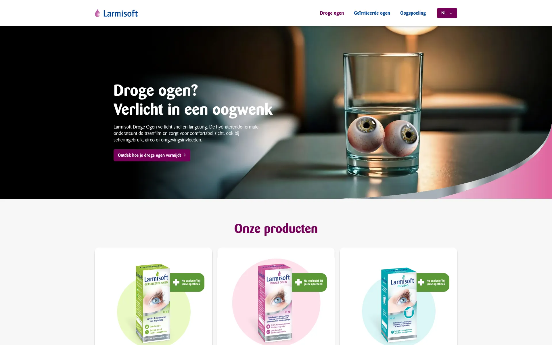 Larmisoft homepage with two eyeballs in a glass of water