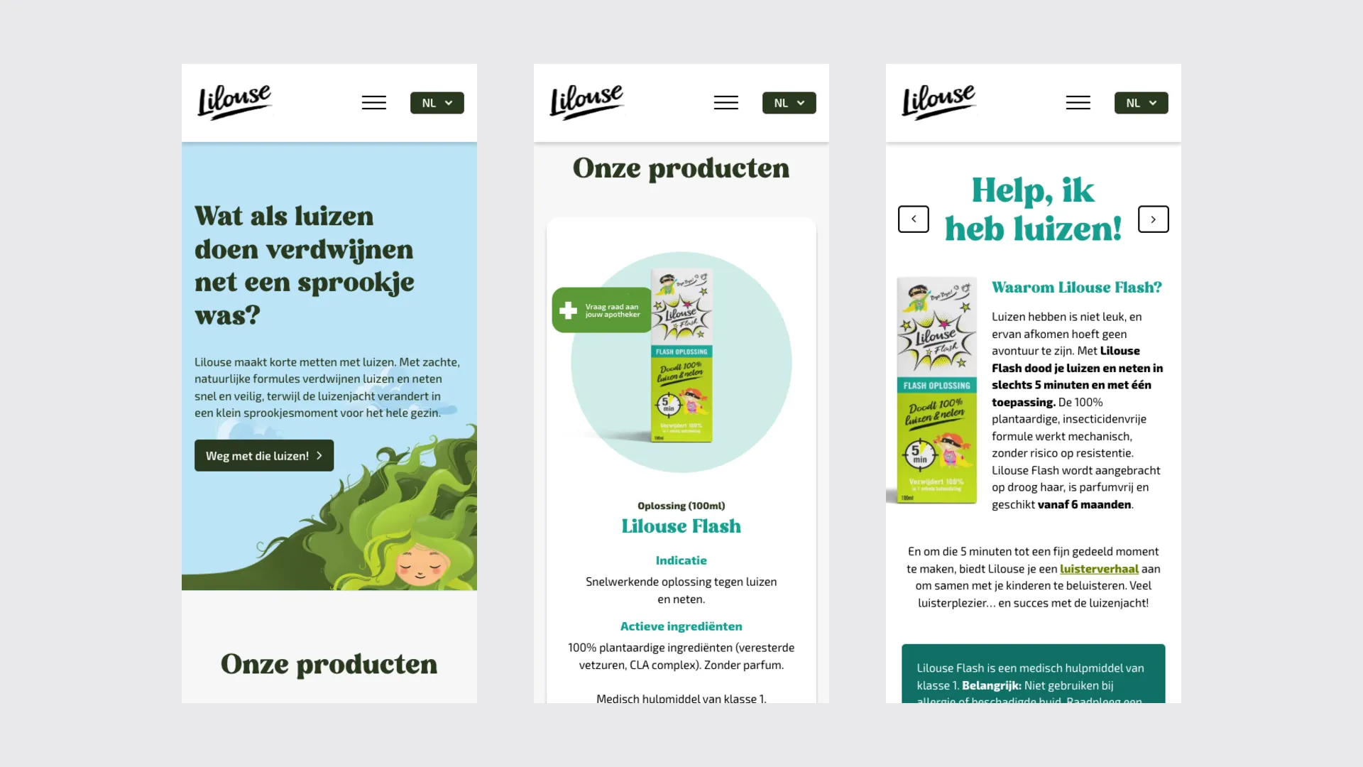 Three mobile screens of the Lilouse site