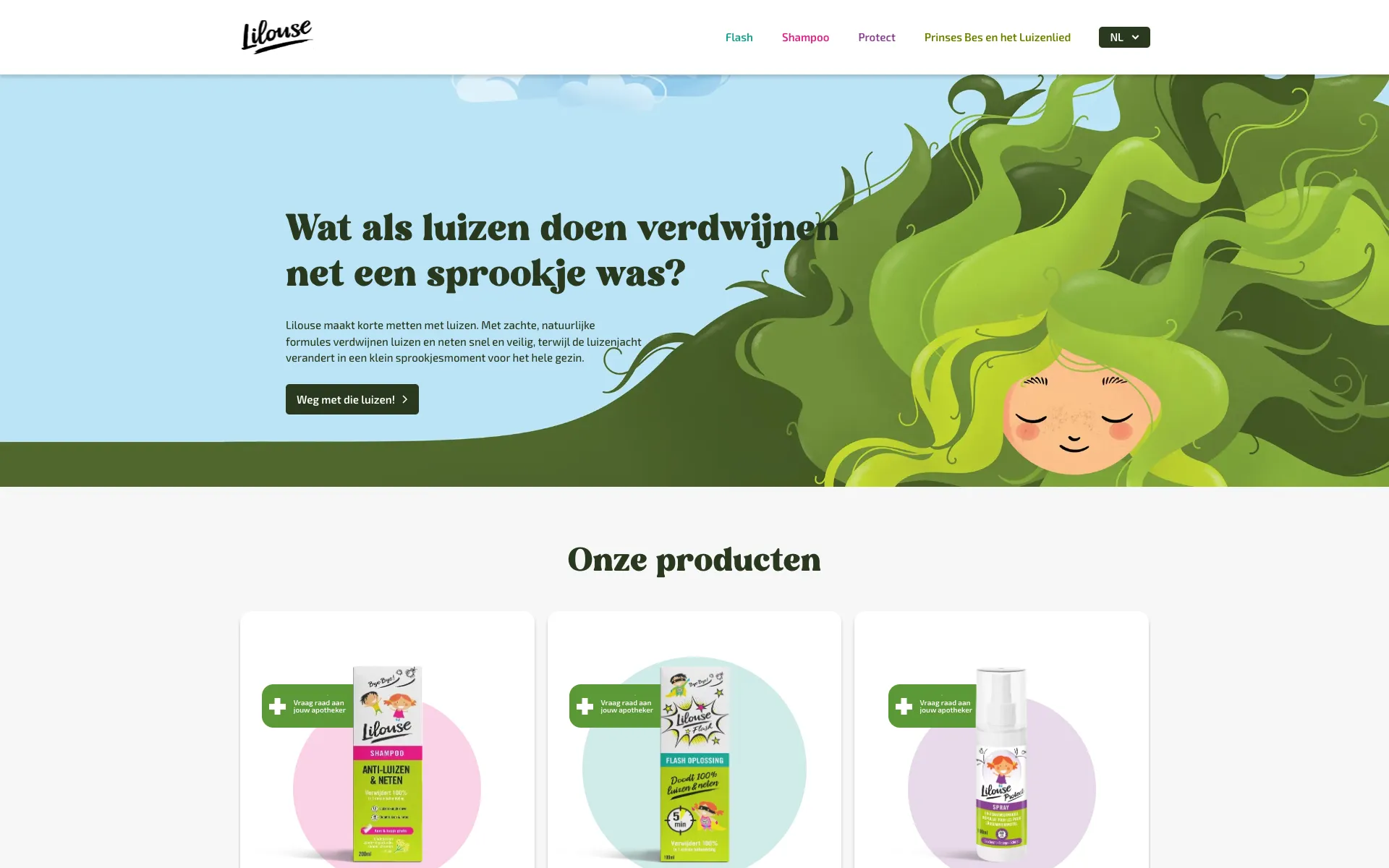 Homepage van Lilouse met een geïllustreerd meisje met golvend groen haar