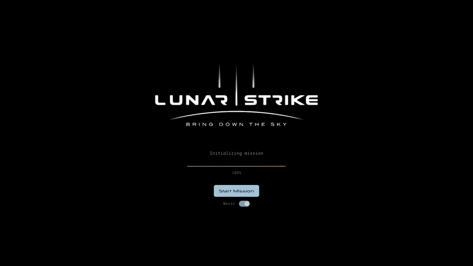 Laadscherm met het Lunar Strike logo en de knop Start Mission