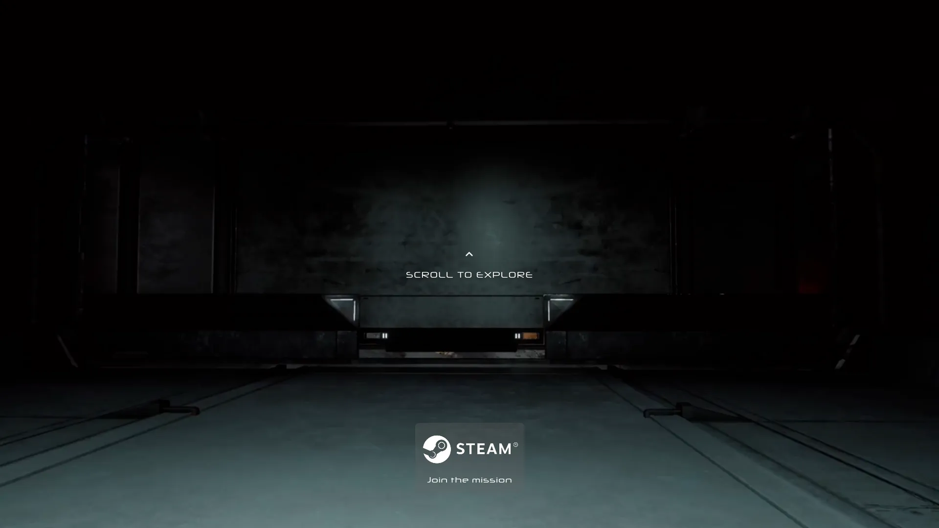 Donkere hangar met de tekst Scroll to explore en een Steam knop