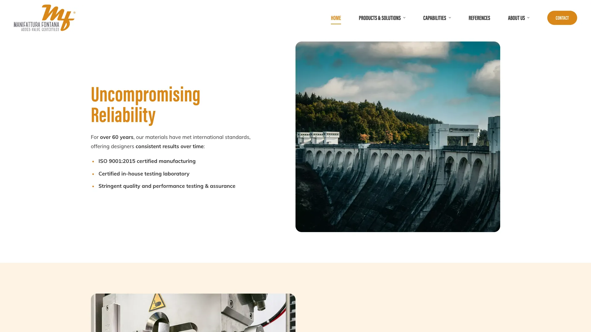 Uncompromising Reliability section on the homepage with a photo of a dam