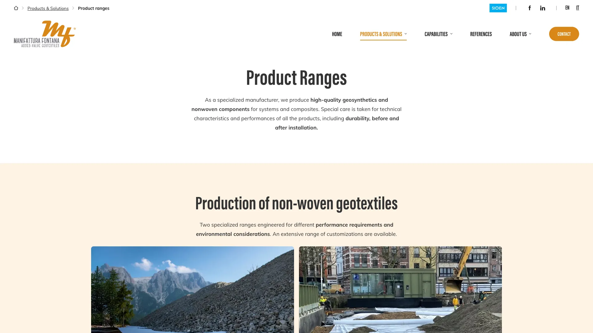 Product Ranges page about the production of nonwoven geotextiles