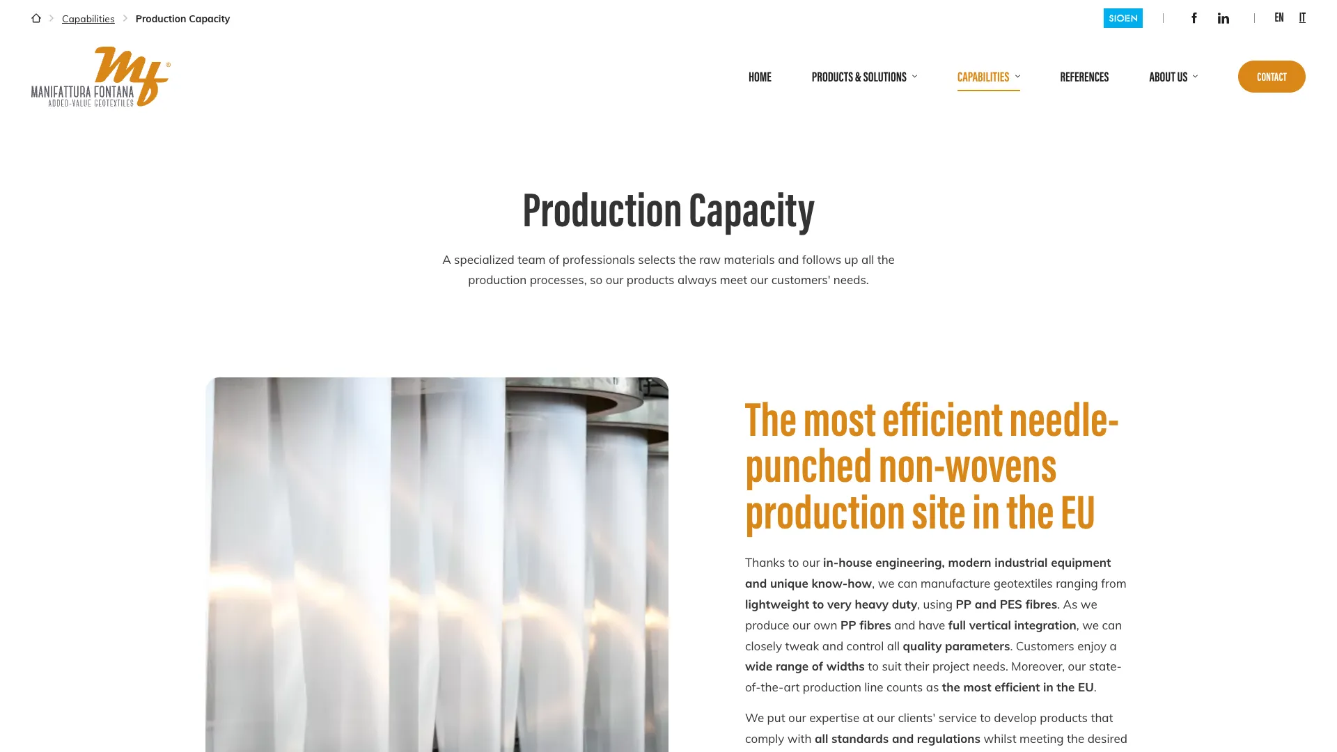 Production Capacity page about the production site