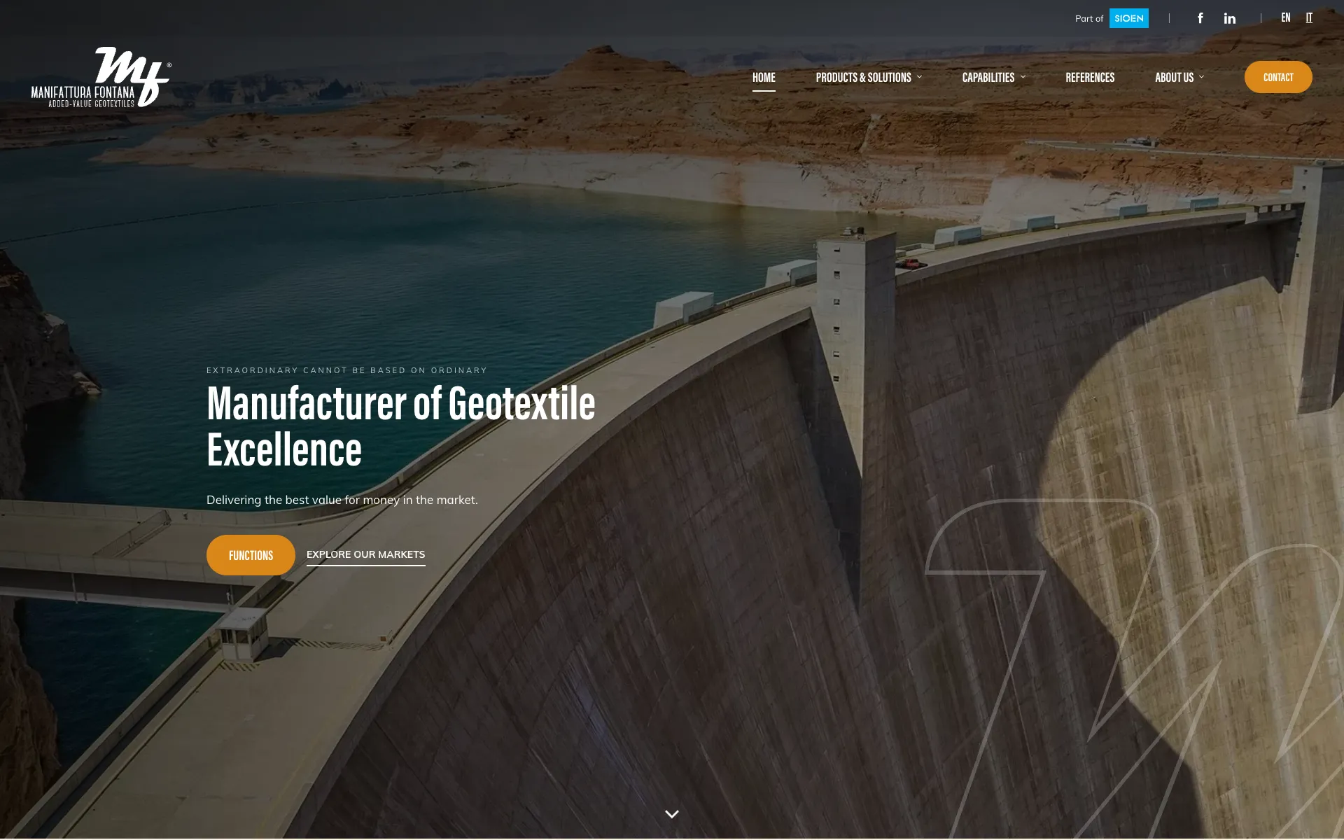 Manifattura Fontana homepage with a dam and the headline Manufacturer of Geotextile Excellence